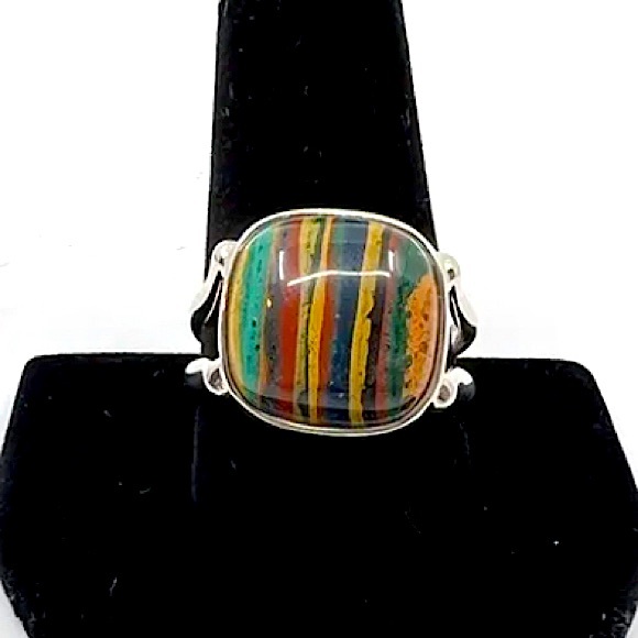 M JAY KING DTR Sterling Silver Rainbow Calsilica Cabochon Square Ring Sz 11 NWT - Picture 3 of 7